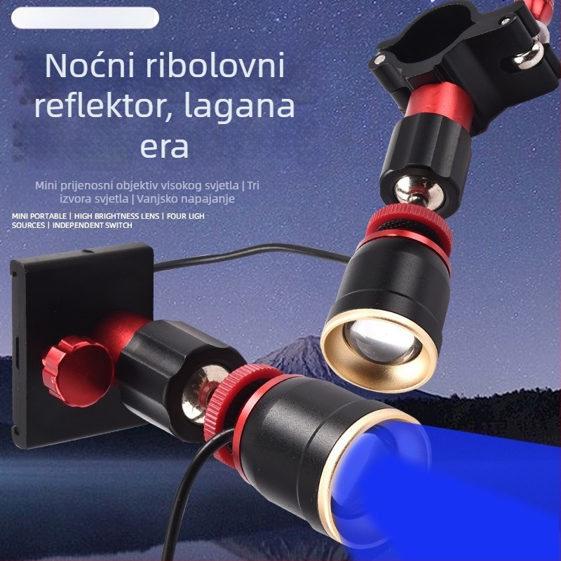 Lampa za ribolov od aluminijske legure s podesivim zumom, plavo-žuto svjetlo, žarulja + LED, vanjsko napajanje, domet 100–200 m