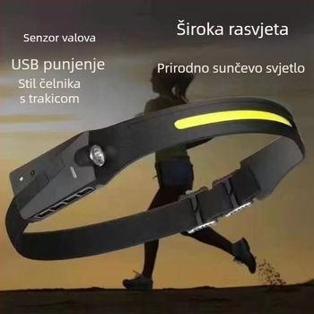 Napajana LED čelna lampa s osjetnikom vala, USB-C punjenje, COB LED, domet zrake 200–500 m, za ribolov