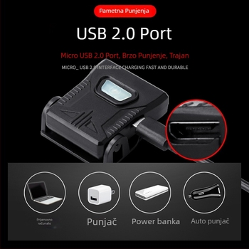 LED čelna lampica s USB punjenjem, 5W, baterija cca 500 mAh, vodootporna, 360° rotacija, za noćno pecanje