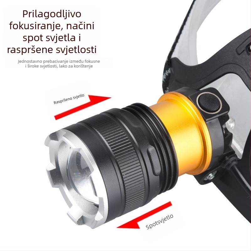 LED čelna lampica s USB punjenjem, prilagodljivo fokusiranje, vodootporna, domet do 500 m