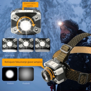 Vanjska čelna lampica za ribolov s dvostrukim napajanjem – LED 5W, 1100mAh, punjiva, ručno pokretanje, vodootporna, domet do 100 m