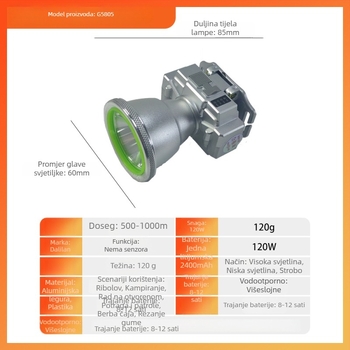 LED čelna svjetiljka, snaga 120W, baterija 2500mAh, punjiva, domet 100–200 m