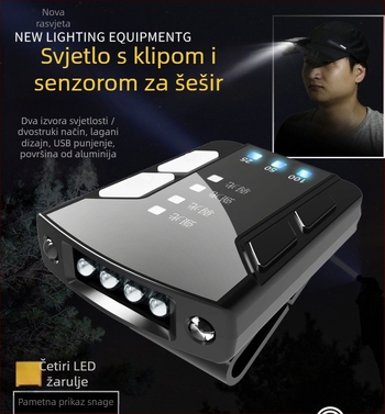 LED ribarska čelna lampica s USB punjenjem, baterija 2000mAh, 3,7V, 360° rotacija, klip za kapu, ručno napajanje