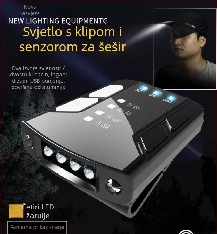LED ribarska čelna lampica s USB punjenjem, baterija 2000mAh, 3,7V, 360° rotacija, klip za kapu, ručno napajanje