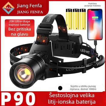 LED čelna svjetiljka, punjiva s zumom, za ribolov i aktivnosti na otvorenom, 15 W, 2400 mAh, domet do 500 m, ručno punjenje