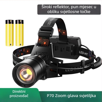 LED čelna svjetiljka, punjiva s zumom, za ribolov i aktivnosti na otvorenom, 15 W, 2400 mAh, domet do 500 m, ručno punjenje