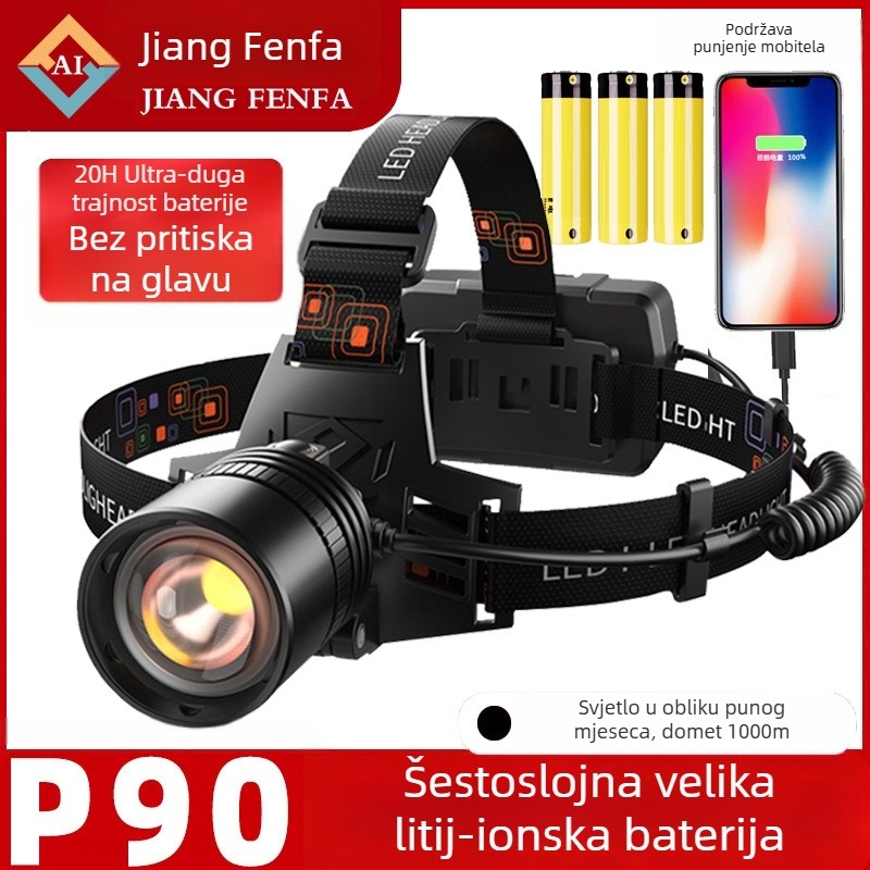 LED čelna svjetiljka, punjiva s zumom, za ribolov i aktivnosti na otvorenom, 15 W, 2400 mAh, domet do 500 m, ručno punjenje