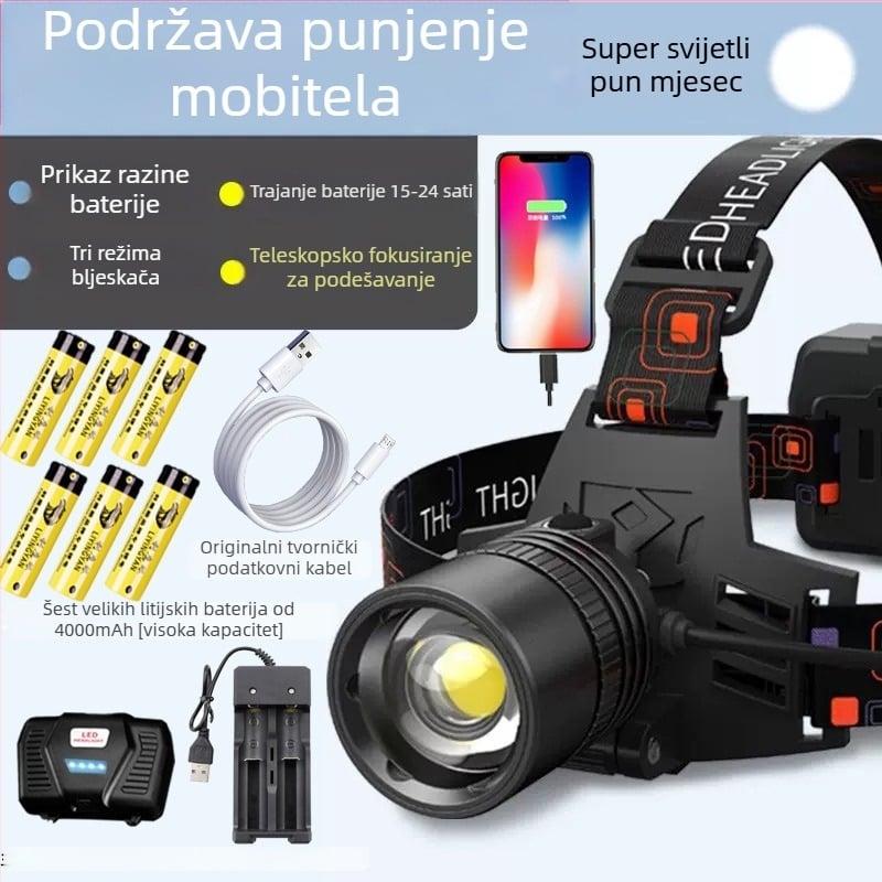LED čelna svjetiljka, punjiva s zumom, za ribolov i aktivnosti na otvorenom, 15 W, 2400 mAh, domet do 500 m, ručno punjenje