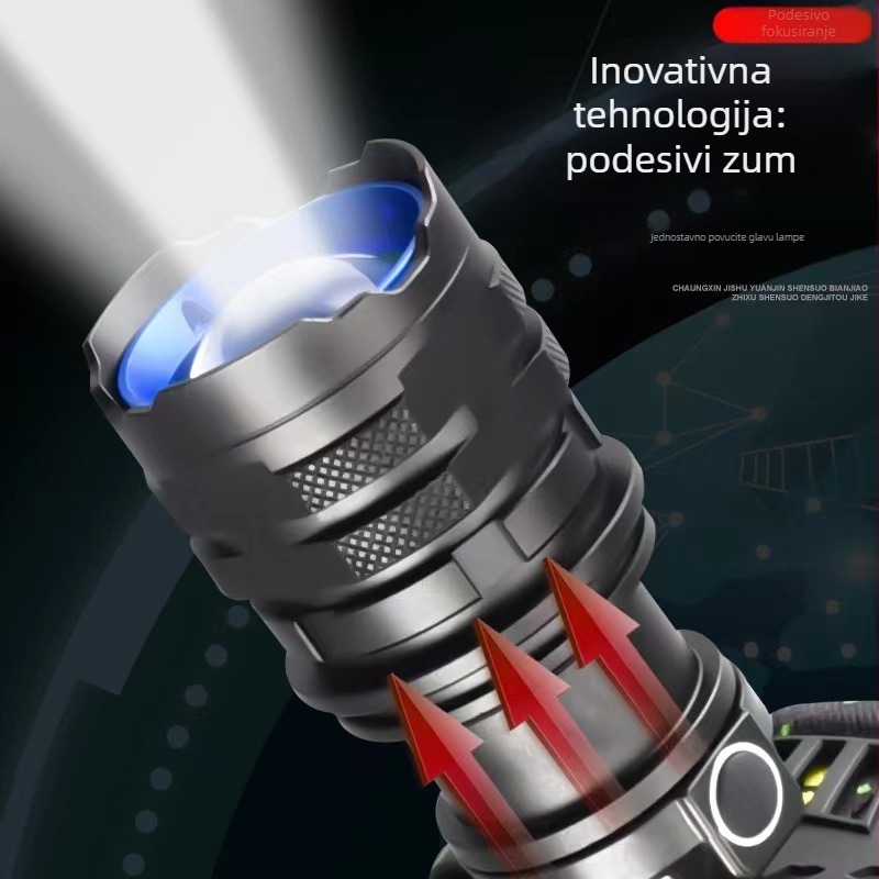 Čelna lampica USB punjenje, dugi domet sa zumom, vodootporna, snop preko 500 m, kućište od aluminijske legure