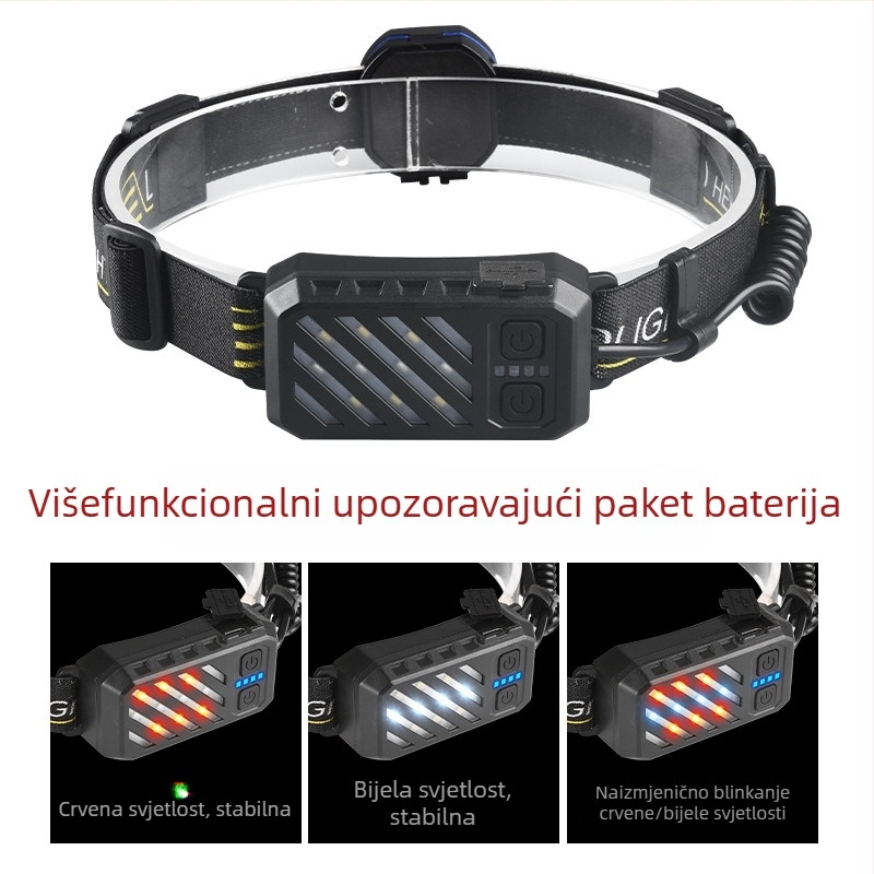 Punjavajuća LED čelna lampica za kampiranje i planinarenje — 10W, 1200mAh baterija, USB-C punjenje, domet 100–200 m, ABS kućište