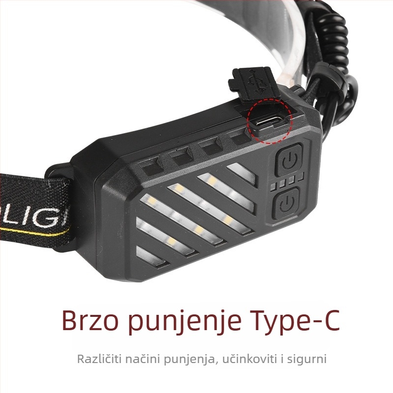 Punjavajuća LED čelna lampica za kampiranje i planinarenje — 10W, 1200mAh baterija, USB-C punjenje, domet 100–200 m, ABS kućište