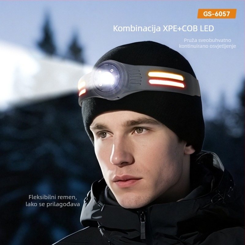 Silikonska čelna svjetiljka za vanjsku upotrebu s senzorom, LED s tri boje, punjiva, 8W, kapacitet baterije 1000, vodootporna, domet do 500 m