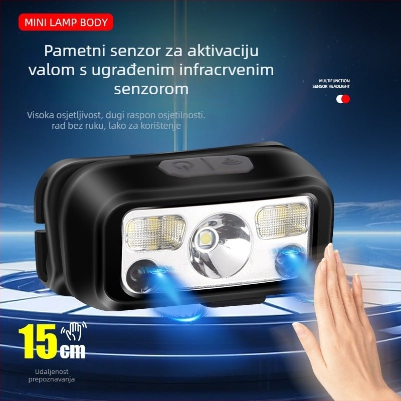 LED čelna lampica, punjiva, ABS kućište, domet 200–500 m, mogućnost tiskanja loga