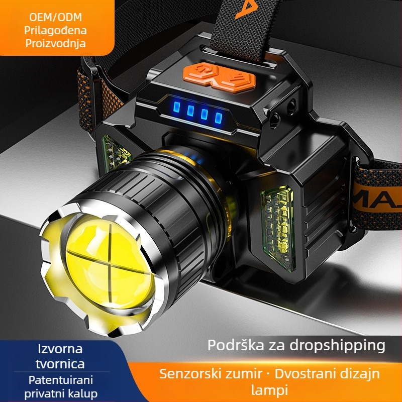 LED visoko snaga punjiva čelna lampa s daljinim dometom i zumom za vanjski ribolov, 10W LED, baterija 6000mAh, domet 200–500 m, 360° rotacija
