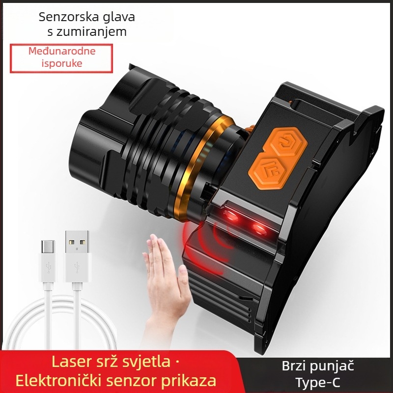 LED visoko snaga punjiva čelna lampa s daljinim dometom i zumom za vanjski ribolov, 10W LED, baterija 6000mAh, domet 200–500 m, 360° rotacija