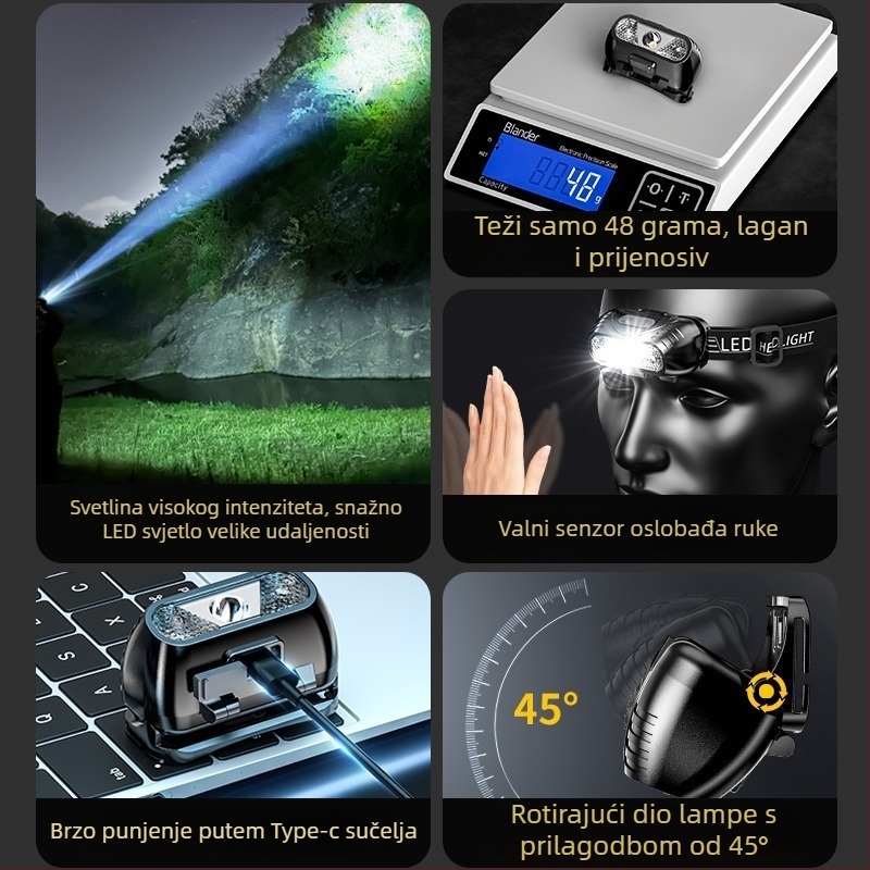 Čelna LED lampica USB punjiva, vodootporna, domet svjetla 15 m, trajanje 5 sati, model YT390A