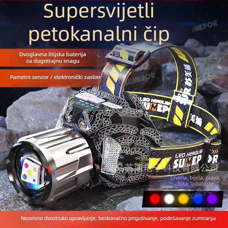 LED čelna lampa s UV svjetlom, 20W, baterija 3000mAh, punjiva, domet 200–500 m