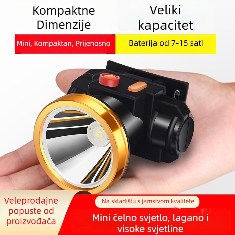 LED čelovka za vanjsku upotrebu — punjiva, 5W, baterija 600mAh, ručna generacija energije, LED svjetlo, domet 100–200 m, uključuje punjač