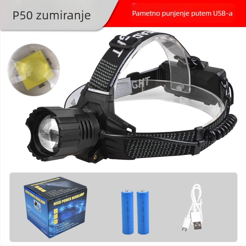 Čelna svjetiljka za ribolov, aluminijska legura, LED visoke svjetline, napajanje punjivo; Model 8071, težina 175 g, domet 200–300 m, trajanje 3 h