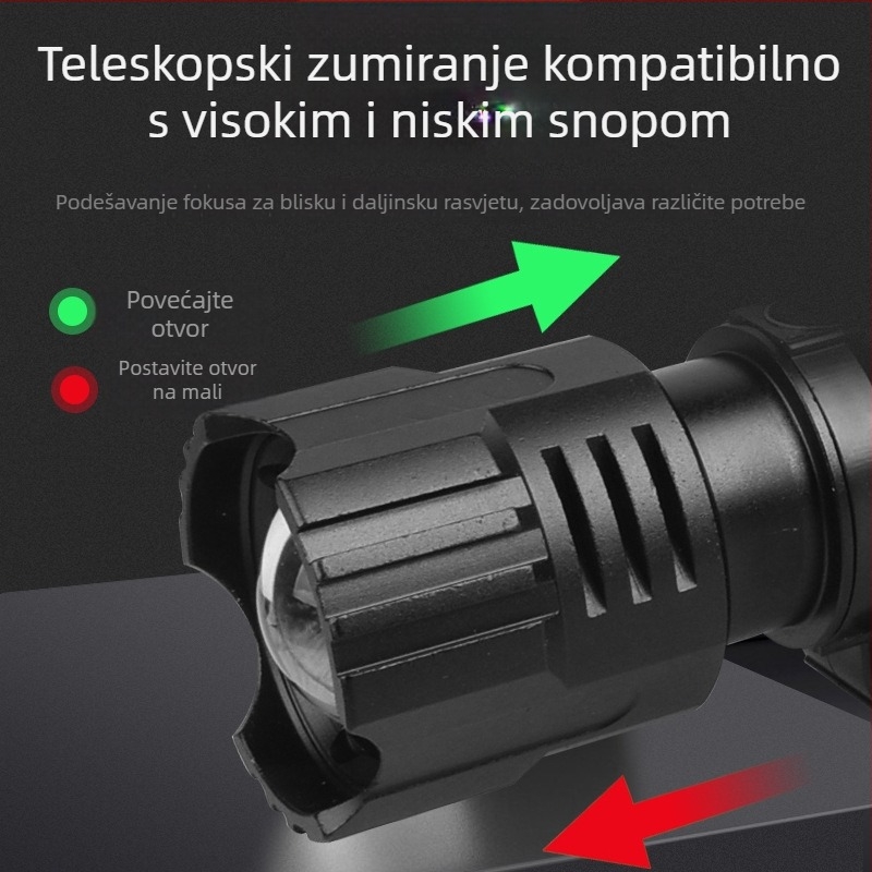 Čelna svjetiljka za ribolov, aluminijska legura, LED visoke svjetline, napajanje punjivo; Model 8071, težina 175 g, domet 200–300 m, trajanje 3 h