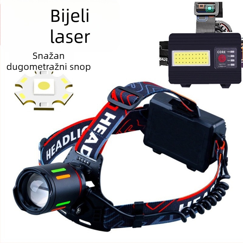 LED čelovka 20W s baterijama 3×18650, punjiva, COB LED, za noćno ribolov i kampiranje