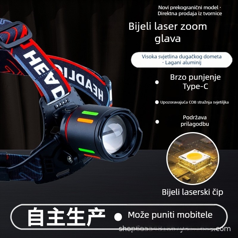 LED čelovka 20W s baterijama 3×18650, punjiva, COB LED, za noćno ribolov i kampiranje