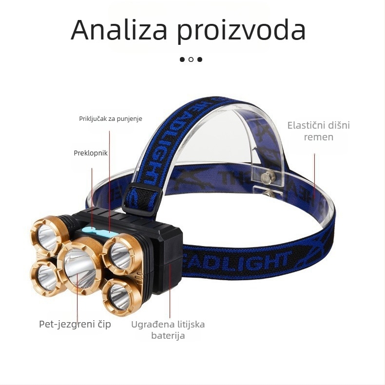 LED čelna lampica za vanjsku upotrebu, 5W, ugrađena 400 mAh baterija, punjiva, domet 50–100 m, plastično kućište