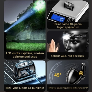Punjaiva LED čelna lampica, model YT390A, vodootporna, domet 15 m, vrijeme rada 5 h