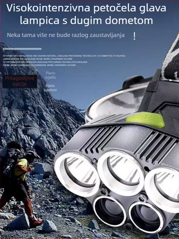 Čelna LED lampa USB punjiva, LED T6, doseg 500 m, trajanje 4–8 h, težina 200 g