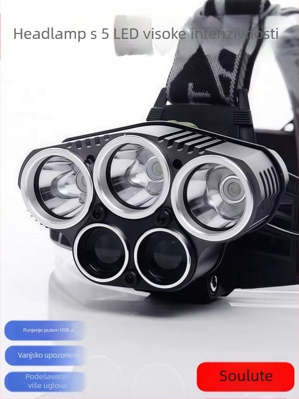 Čelna LED lampa USB punjiva, LED T6, doseg 500 m, trajanje 4–8 h, težina 200 g