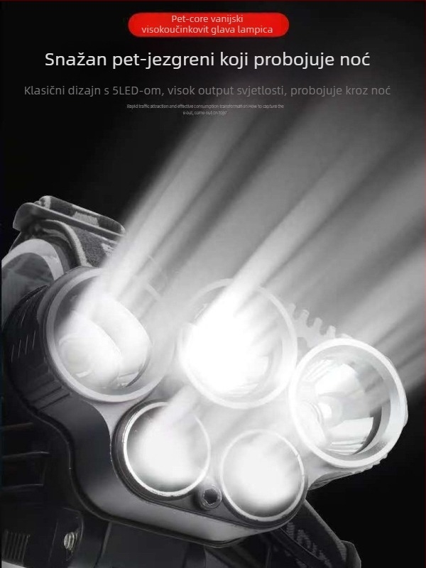 Čelna LED lampa USB punjiva, LED T6, doseg 500 m, trajanje 4–8 h, težina 200 g