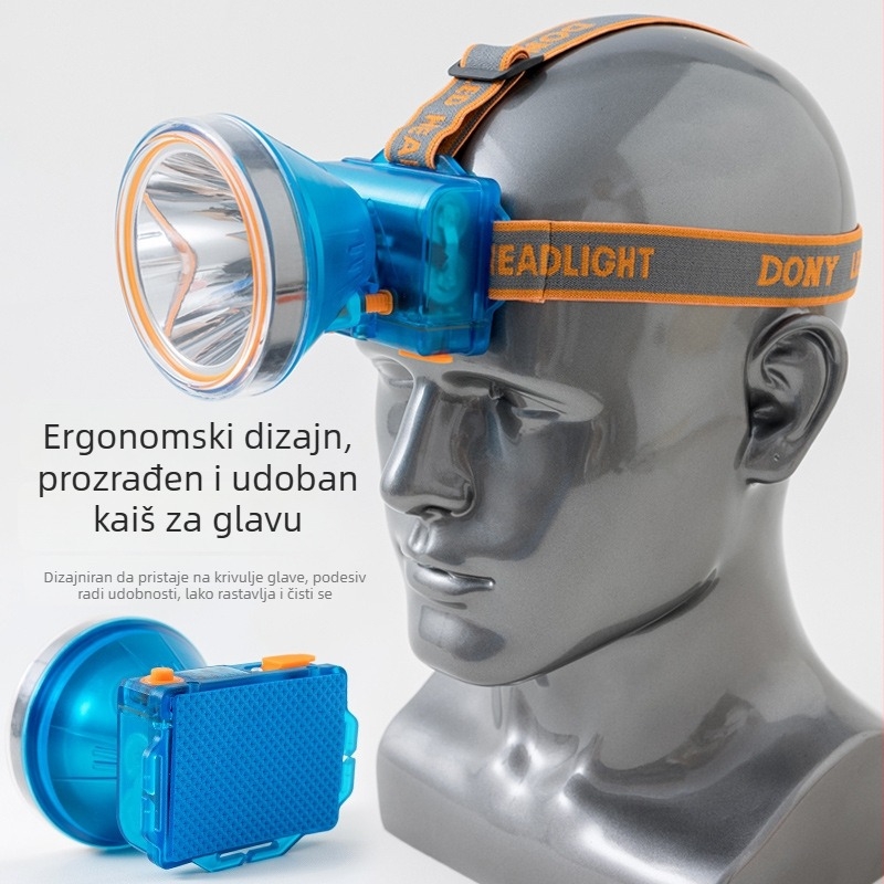 LED čelna svjetiljka za ribolov i kampiranje – dugi domet, 150–300W, baterija 5000–7500mAh, LED izvor, ABS kućište, punjiva, uključuje punjač