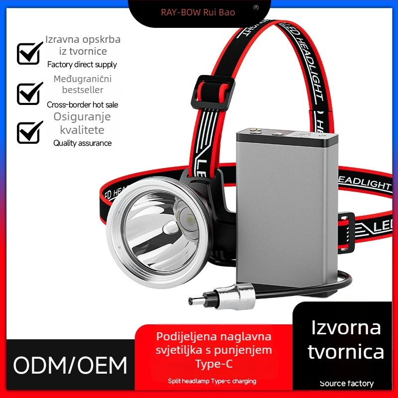 Ruibao čelna lampa – LED visoke jačine, za vanjsku upotrebu, dugi domet, odvojiva, punjiva, ultra jaka za noćni ribolov i rudarenje