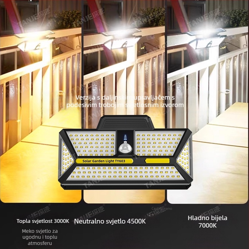 Vanjska LED svjetiljka na solarnu energiju s klipom, daljinsko upravljanje, senzor pokreta, 360° rotacija, 25W