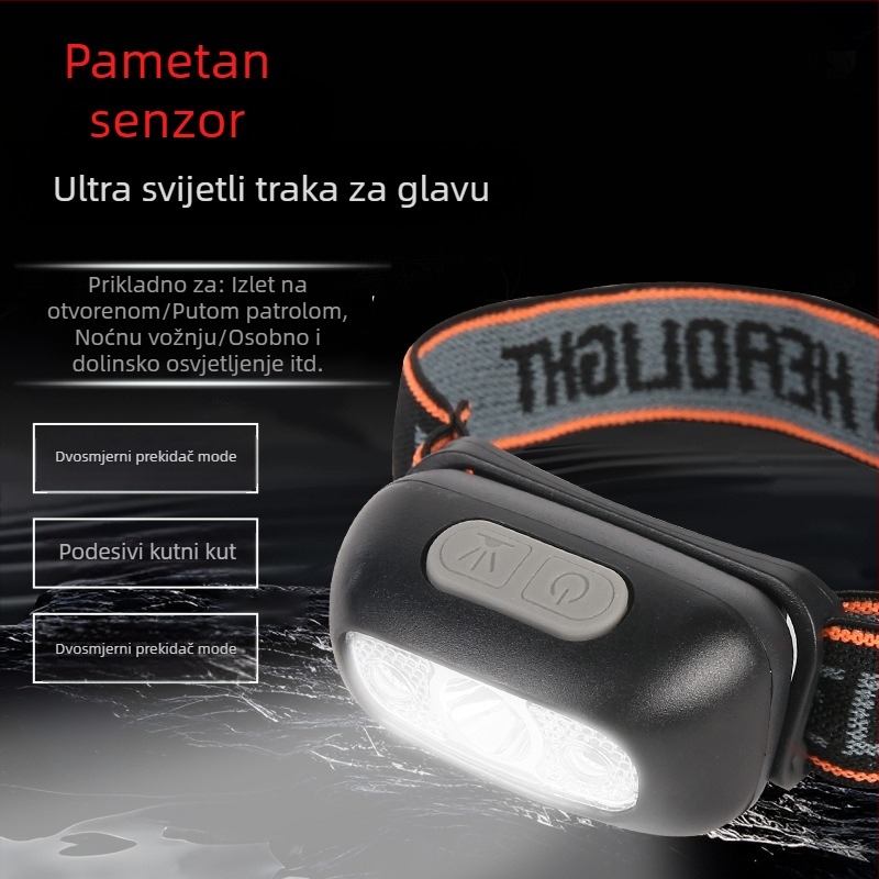 Senzorska čelna lampica za vanjske aktivnosti – vodootporna, USB-napunjava LED 5 W, domet 100–200 m, kompaktno radno svjetlo