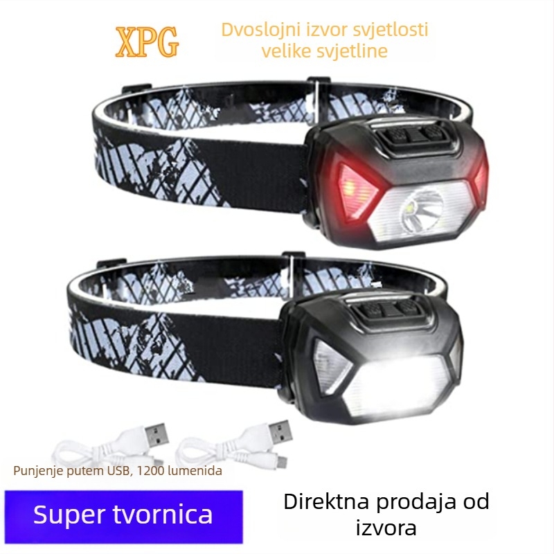 LED čelna lampa LW808-USB — USB punjiva LED čelna lampa, 300 lm, 1200 mAh baterija, 6 sati rada, domet 100–200 m, vodootporna