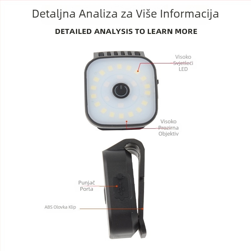 LED čelna svjetiljka, kompaktna punjiva, 5 W, baterija 400 mAh, domet 50–100 m, USB punjenje