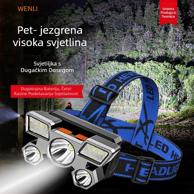 Pet LED čelna lampa, USB punjenje, ugrađena 18650 baterija, 20W, domet 200–500 m, ručno punjenje