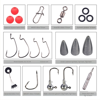 Ribolovni pribor: set olovnih glava, udica, tegovi, perle i distancijske perle; brend Ailuya; porijeklo Kina.