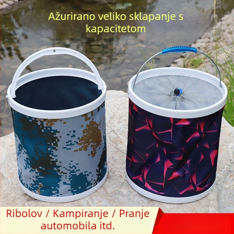 Vanjska ribarska kanta velike kapacitete, plastična, sklopiva, s mrežom i užetom, prenosiva za automobil, za prijevoz živih riba