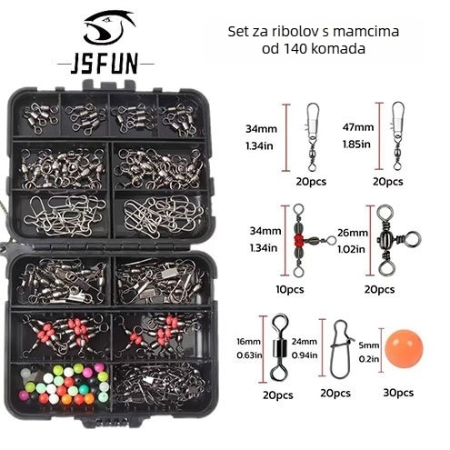 Set pribora za ribolov 140 kom - B-Type okretni spoj, trostruki okret, bead stopper; prijenosna kutija; Materijal: metal/ABS; Marke jsfun