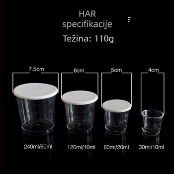 Četiri u jednome set mjerne čašice od smole s poklopcem, kapaciteti 240 ml, 120 ml, 60 ml i 30 ml, plastične s gradacijom.