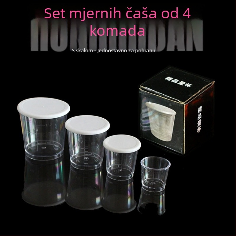 Četiri u jednome set mjerne čašice od smole s poklopcem, kapaciteti 240 ml, 120 ml, 60 ml i 30 ml, plastične s gradacijom.