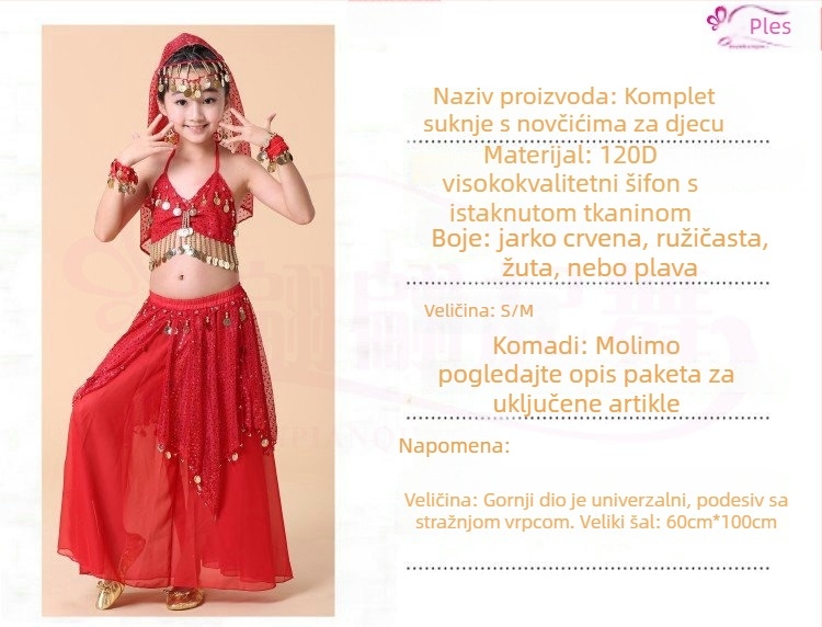 Dječji kostim za belly dance za djevojčice – 120D šifon tkanina, glavni materijal akril – sve sezone – za djecu do 17 godina