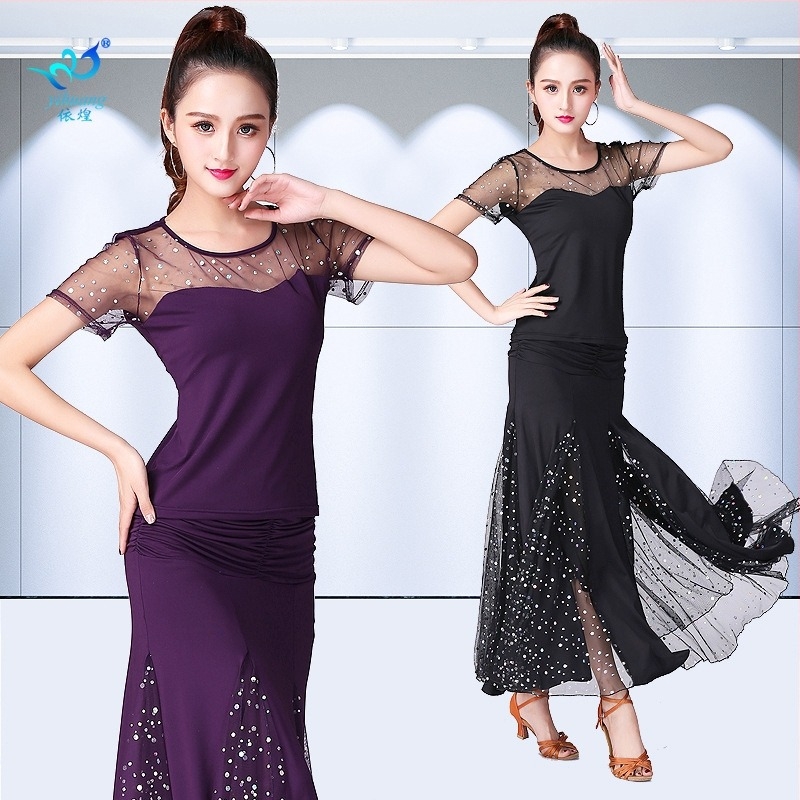 Set haljina za ballroom modern ples za praksu s sequin suknjom i širokim zamahujućim suknjom; Marka Yihuang; Materijal: Milk Silk; Glavni sastav tkanine: Poliester 95% + Elastan 5%; Namjena: plesni ballroom; Spol: Ženski