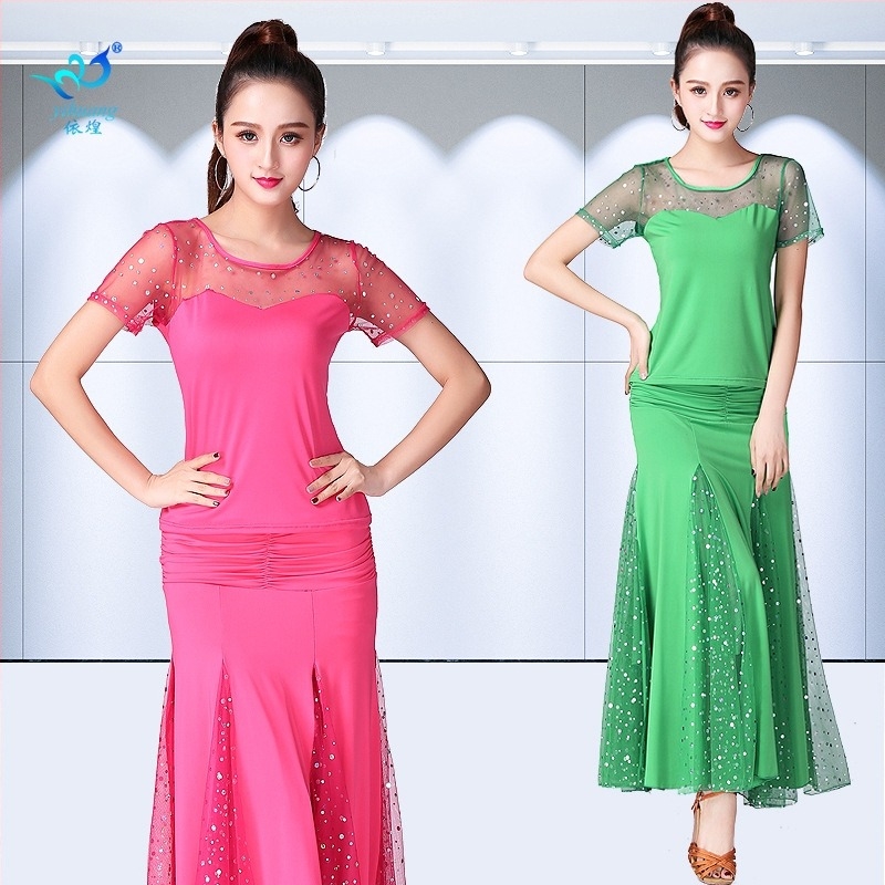 Set haljina za ballroom modern ples za praksu s sequin suknjom i širokim zamahujućim suknjom; Marka Yihuang; Materijal: Milk Silk; Glavni sastav tkanine: Poliester 95% + Elastan 5%; Namjena: plesni ballroom; Spol: Ženski