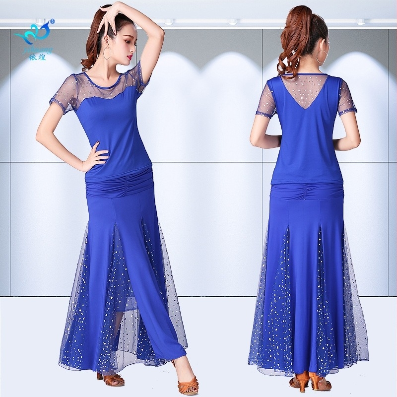 Set haljina za ballroom modern ples za praksu s sequin suknjom i širokim zamahujućim suknjom; Marka Yihuang; Materijal: Milk Silk; Glavni sastav tkanine: Poliester 95% + Elastan 5%; Namjena: plesni ballroom; Spol: Ženski