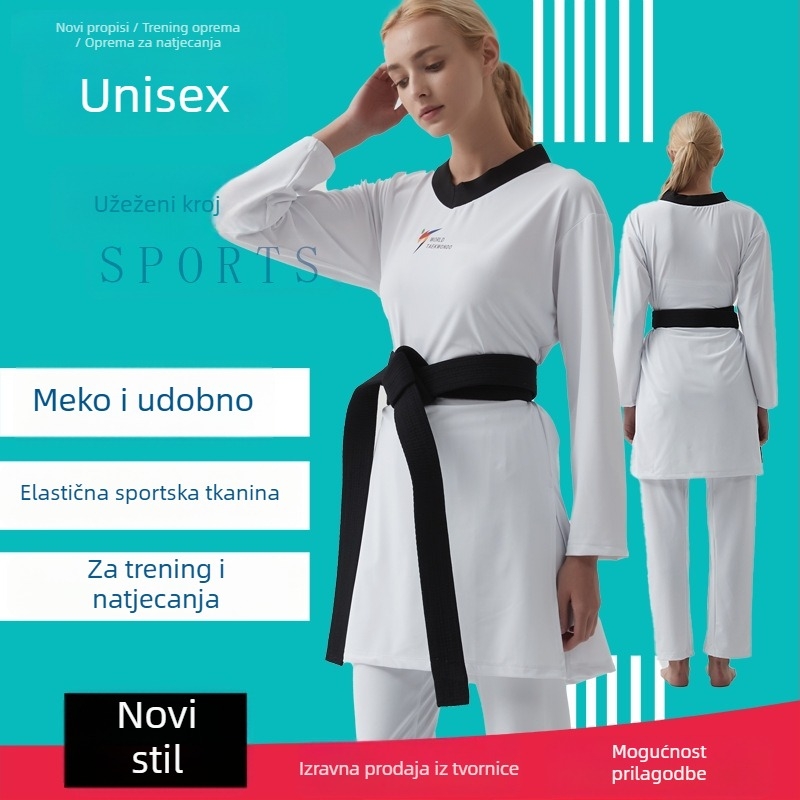 Taekwondo uniforma s vanjskim najlonskim materijalom i 55% poliestera, podstava modal 100%.