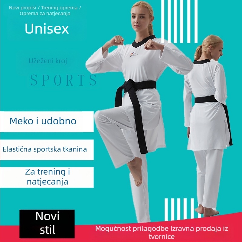 Taekwondo uniforma s vanjskim najlonskim materijalom i 55% poliestera, podstava modal 100%.