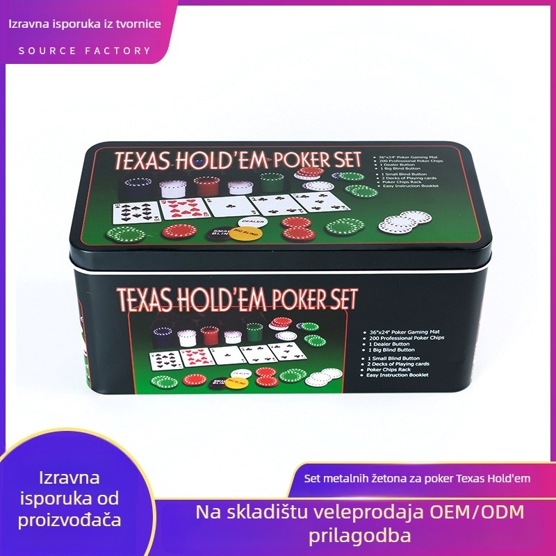 Set poker žetona za Texas Hold'em i Baccarat s 200 žetona, PS materijal, uključena stolna krpa i metalna kutija